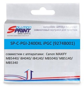 Картридж SolutionPrint SP-C-PGI-2400XL iPGC, cyan (голубой), ресурс 1755 стр., для Canon MAXIFY MB5040/MB5140/MB5340/MB5440; iB4040/iB4140